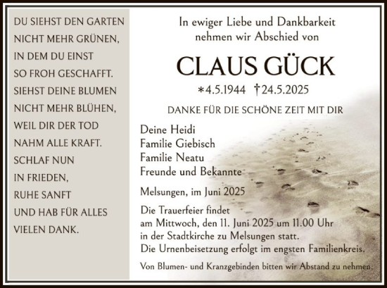 Todesanzeige von Claus Gück von HNA