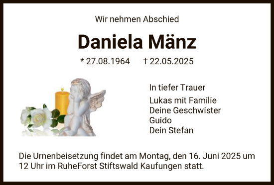 Todesanzeige von Daniela Mänz von HNAHNA