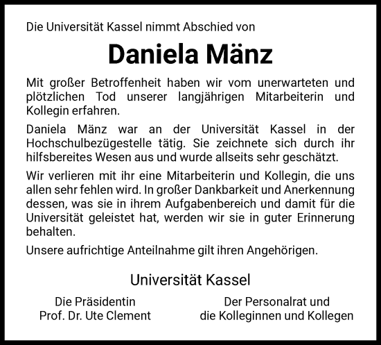Todesanzeige von Daniela Mänz von HNA