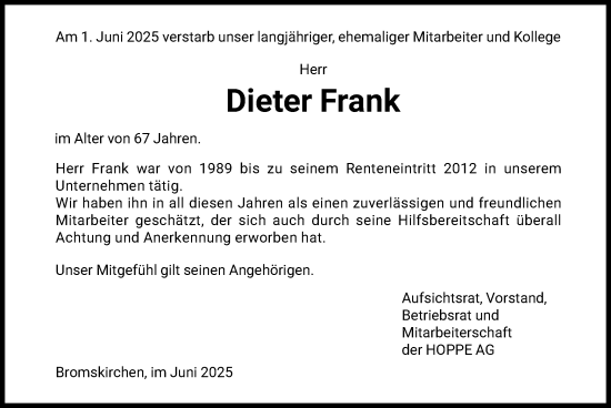 Todesanzeige von Dieter Frank von HNA