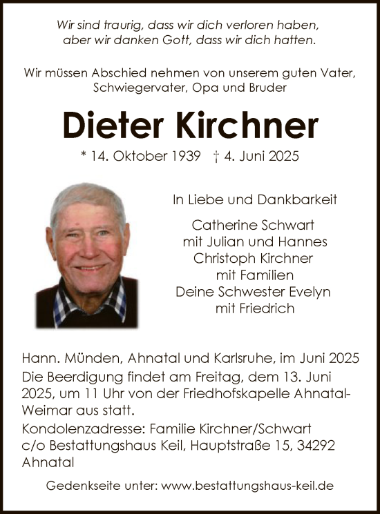 Todesanzeige von Dieter Kirchner von HNA