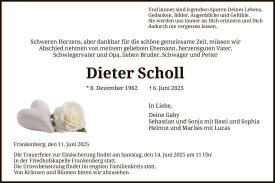 Todesanzeige von Dieter Scholl von HNA