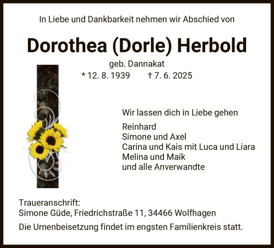 Todesanzeige von Dorothea Herbold von HNA