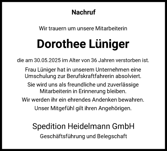Todesanzeige von Dorothee Lüniger von HNA