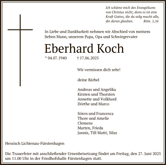 Todesanzeige von Eberhard Koch von HNA