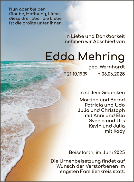 Todesanzeige von Edda Mehring von HNA