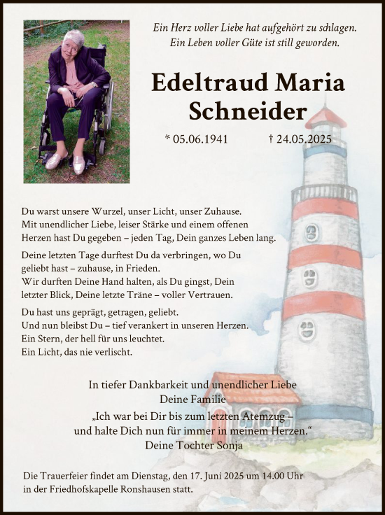 Todesanzeige von Edeltraud Maria Schneider von HNA