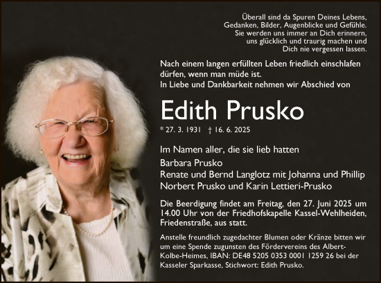 Todesanzeige von Edith Prusko von HNA