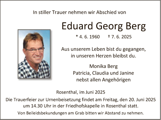 Todesanzeige von Eduard Georg Berg von HNA