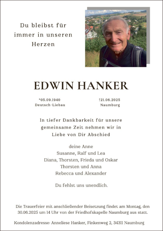 Todesanzeige von Edwin Hanker von HNA
