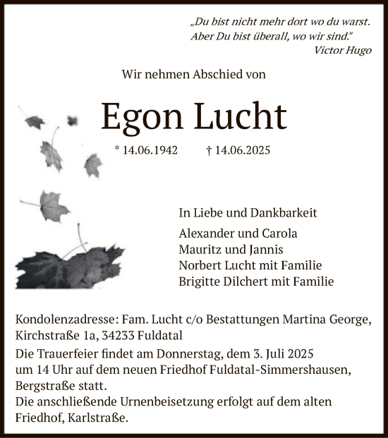 Todesanzeige von Egon Lucht von HNA