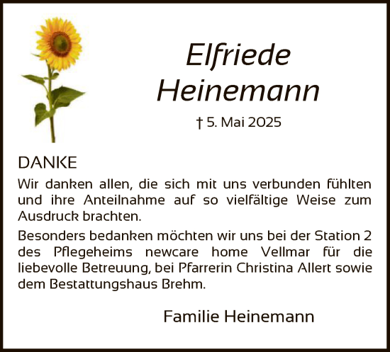 Todesanzeige von Elfriede Heinemann von HNA