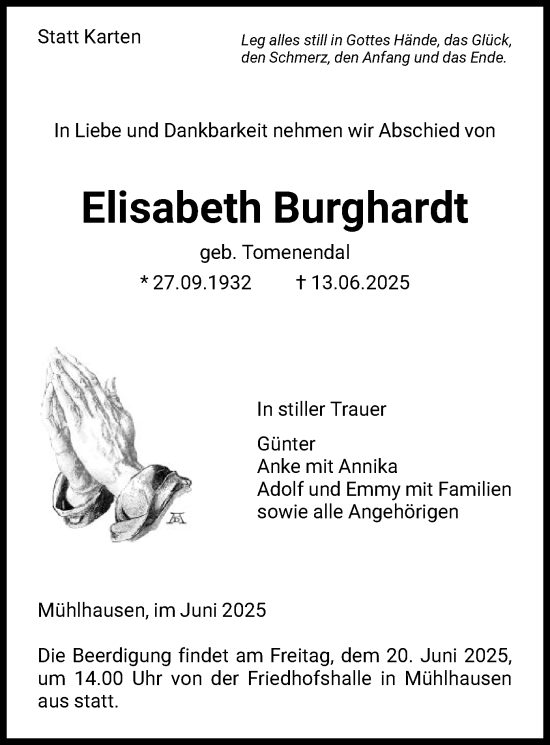 Todesanzeige von Elisabeth Burghardt von HNA