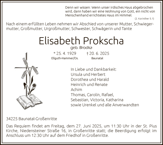 Todesanzeige von Elisabeth Prokscha von HNA