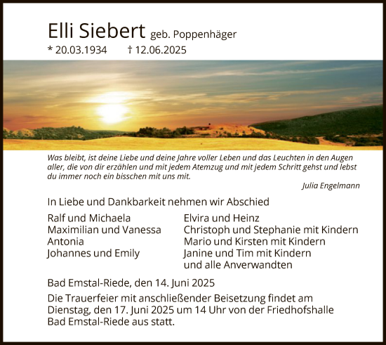 Todesanzeige von Elli Siebert von HNA