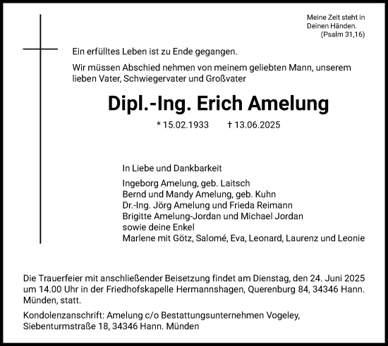 Todesanzeige von Erich Amelung von HNA