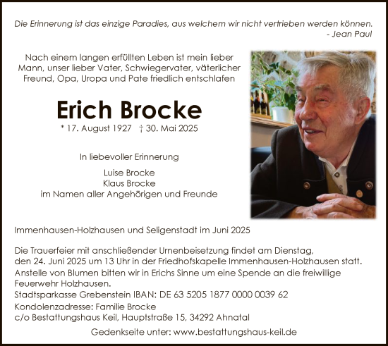 Todesanzeige von Erich Brocke von HNAHNA