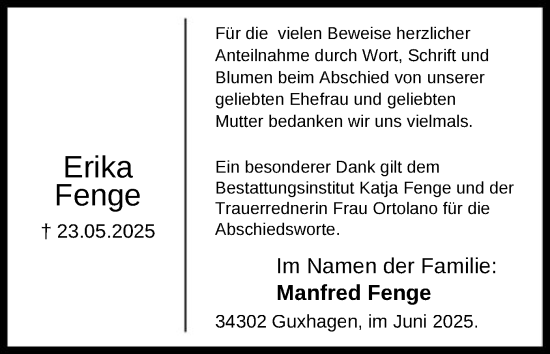 Todesanzeige von Erika Fenge von HNA