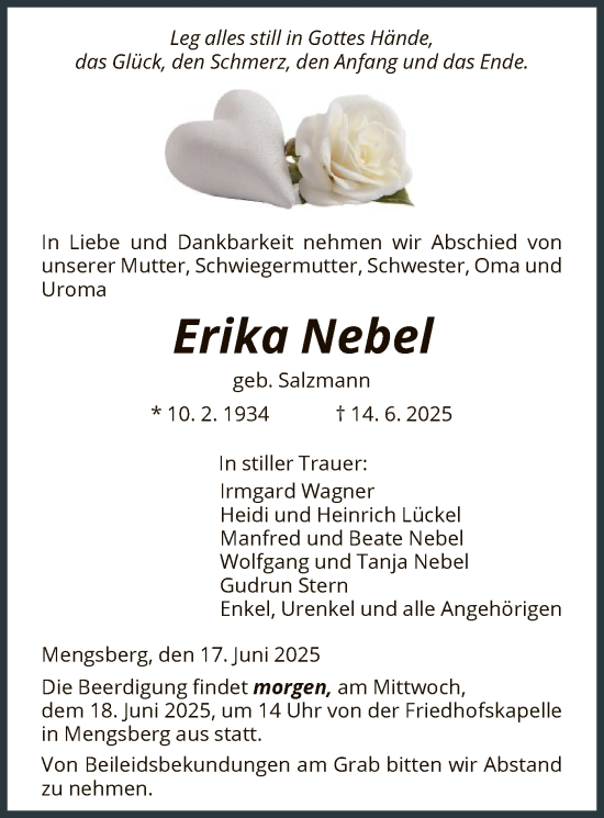 Todesanzeige von Erika Nebel von HNA
