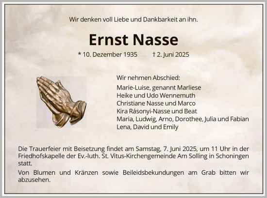 Todesanzeige von Ernst Nasse von HNA