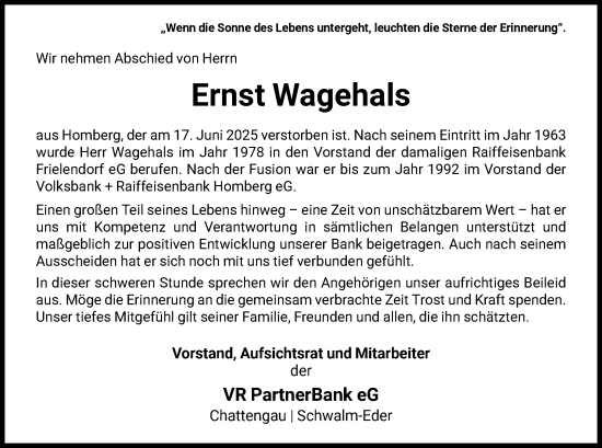 Todesanzeige von Ernst Wagehals von HNAHNA