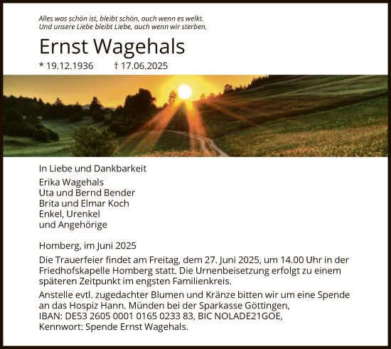 Todesanzeige von Ernst Wagehals von HNAHNAHNA