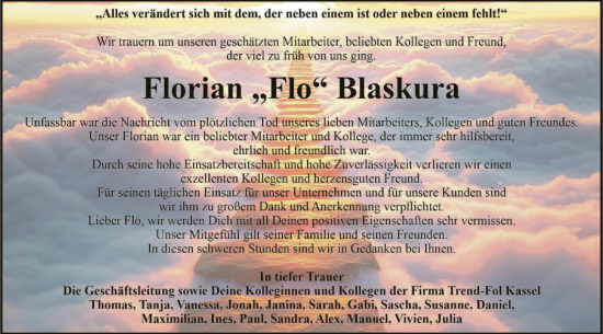 Todesanzeige von Florian Blaskura von HNAHNA