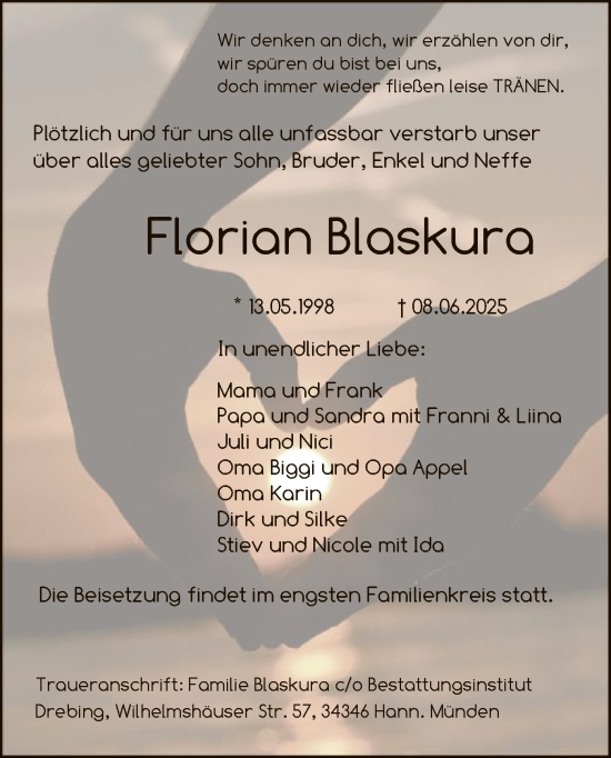 Todesanzeige von Florian Blaskura von HNA
