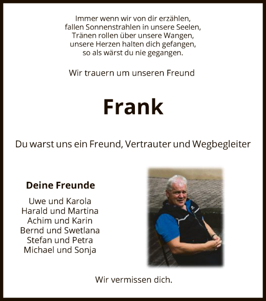 Todesanzeige von Frank  von HNA