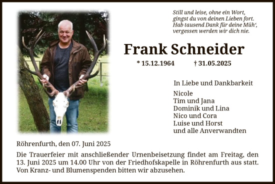 Todesanzeige von Frank Schneider von HNAHNA