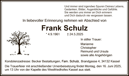 Todesanzeige von Frank Schulz von HNA