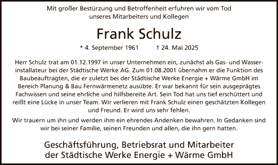 Todesanzeige von Frank Schulz von HNA