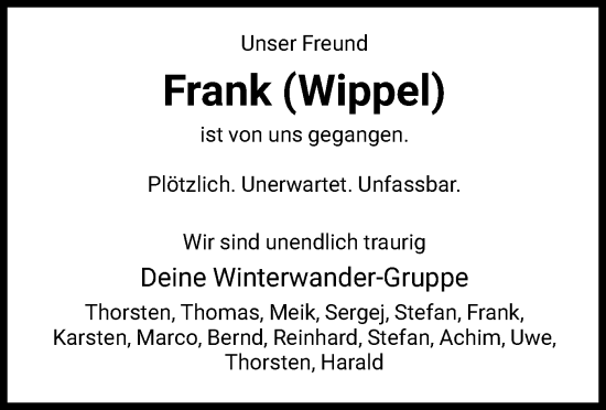 Todesanzeige von Frank Wippel von HNA