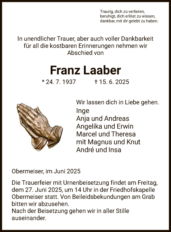 Todesanzeige von Franz Laaber von HNA