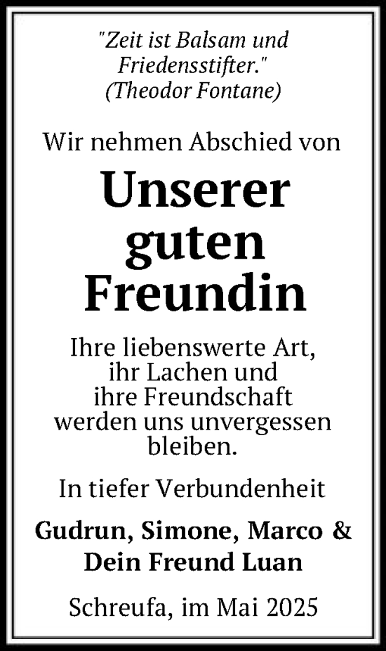 Todesanzeige von Freundin  von HNA