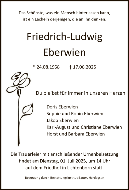 Todesanzeige von Friedrich-Ludwig Eberwien von HNA
