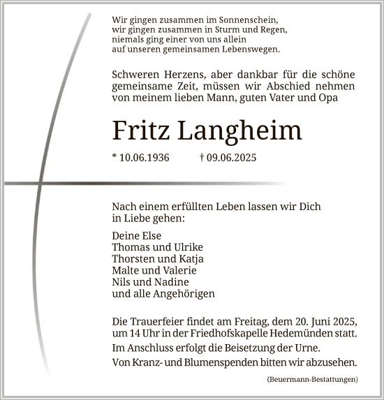Todesanzeige von Fritz Langheim von HNA