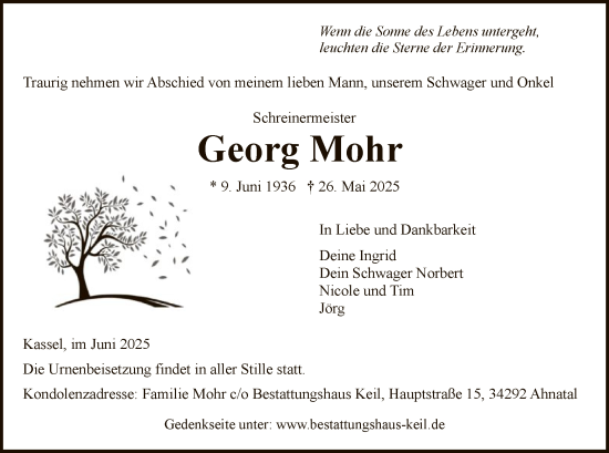 Todesanzeige von Georg Mohr von HNA