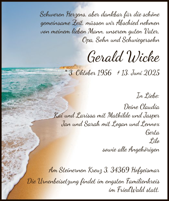 Todesanzeige von Gerald Wicke von HNAHN