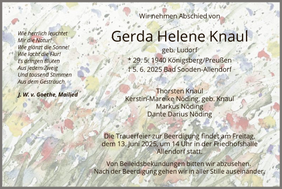 Todesanzeige von Gerda Helene Knaul von HNA