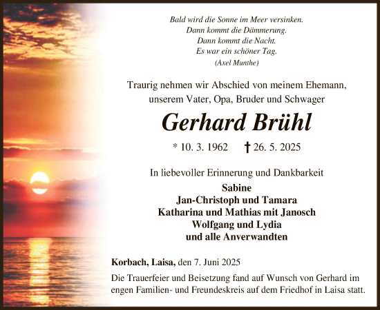 Todesanzeige von Gerhard Brühl von HNAWLZ