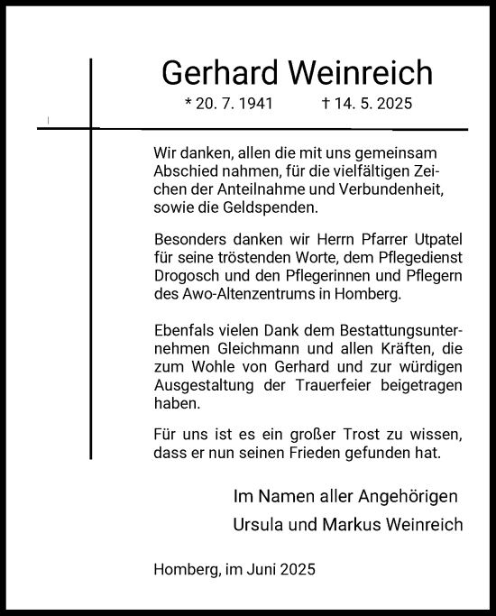 Todesanzeige von Gerhard Weinreich von HNA