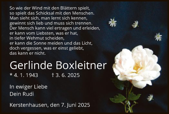 Todesanzeige von Gerlinde Boxleitner von HNA
