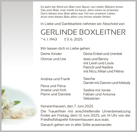 Todesanzeige von Gerlinde Boxleitner von HNA