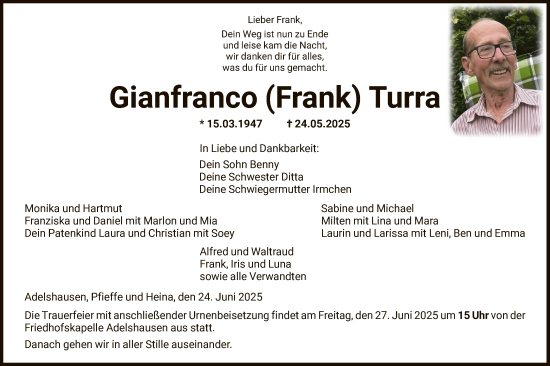 Todesanzeige von Gianfranco Turra von HNA
