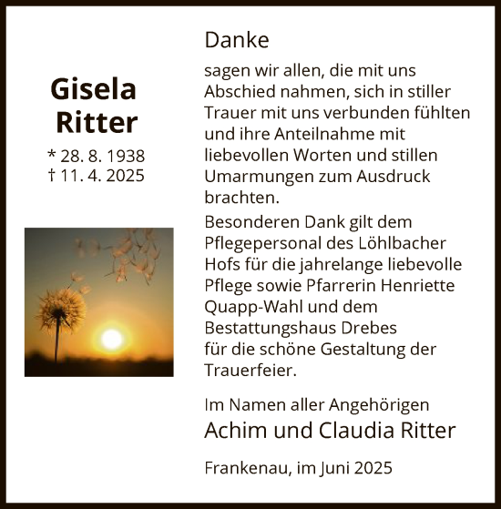 Todesanzeige von Gisela Ritter von HNA