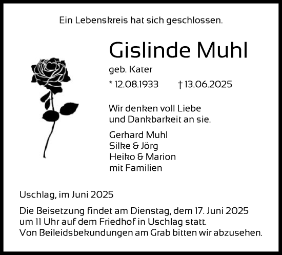 Todesanzeige von Gislinde Muhl von HNAHNA