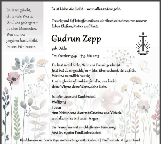 Todesanzeige von Gudrun Zepp von HNAHNAHNA