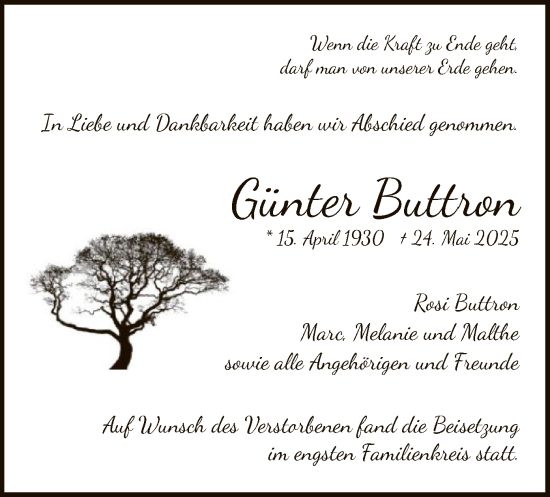 Todesanzeige von Günter Buttron von HNA