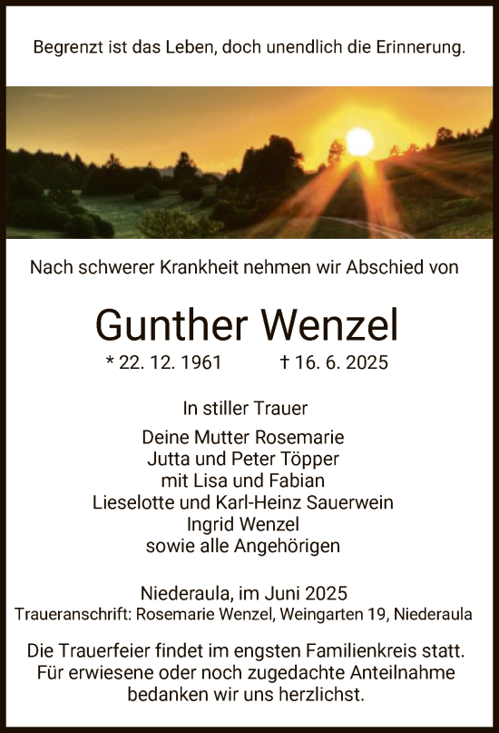 Todesanzeige von Gunther Wenzel von HNA